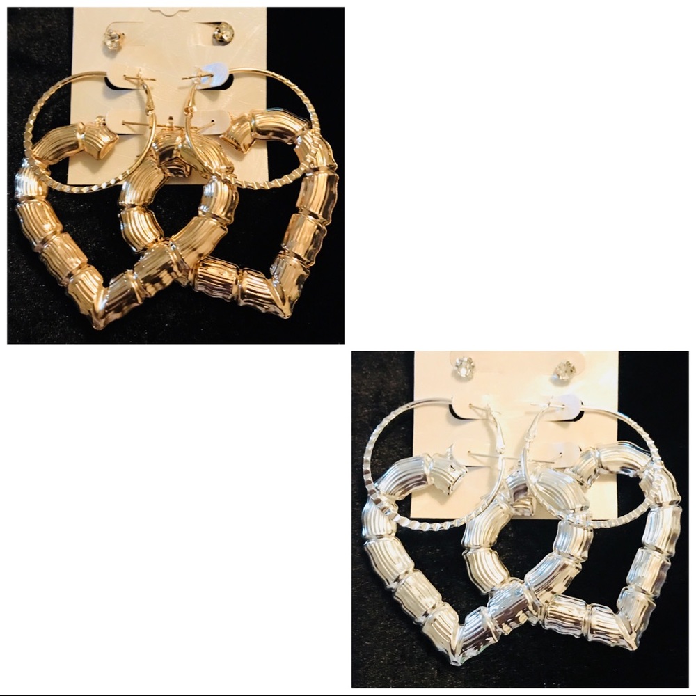 Bamboo Heart, Studs and Hoop Earrings Set